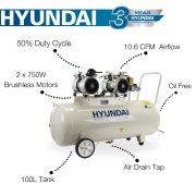 Hyundai HY275100 1500w 2HP 100 Litre Oil Free Silenced Electric Air Compressor